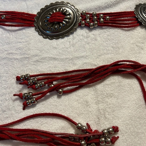Southwestern Red Leather Concho Belt with Beads Tassell Tie Waist - Picture 1 of 5